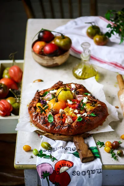 Tomaten Feta Torte Style Rustic Selektiver Fokus — Stockfoto