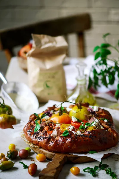 Tomaten Feta Torte Style Rustic Selektiver Fokus — Stockfoto