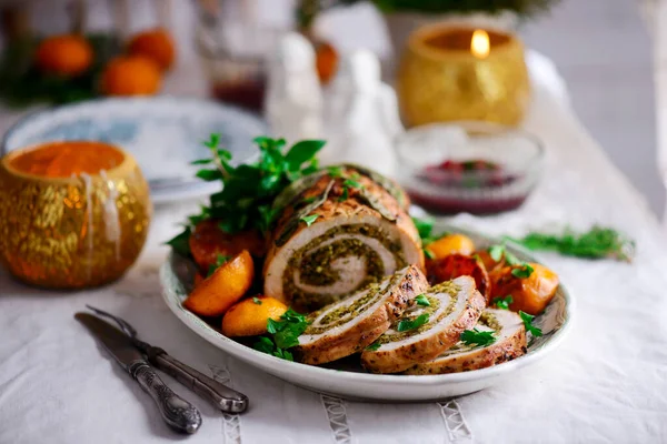 Turkey Porchetta Caramelised Clementines Hristmas Background — стокове фото