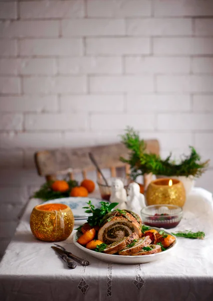 Porchetta Caramelised Clementines Ristmas Background Style Rustic Choction Focus — 스톡 사진