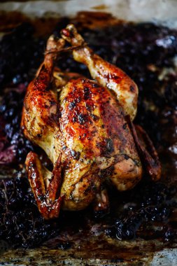 Persimons ve SAGE ile kavrulmuş tavuk... tarz rustik. Seçici odaklanma.