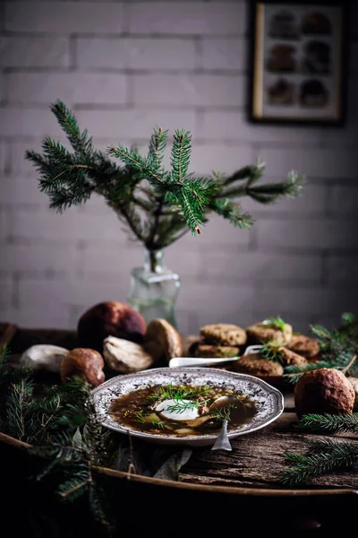 Sopa Con Cebada Porcini Silvestre Mushrooms Style Vintage Selective Enfoque — Foto de Stock