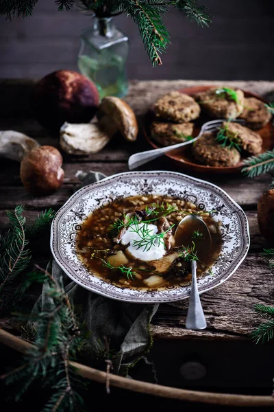 Sopa Com Cevada Selvagem Porcini Mushrooms Style Vintage Selective Foco — Fotografia de Stock