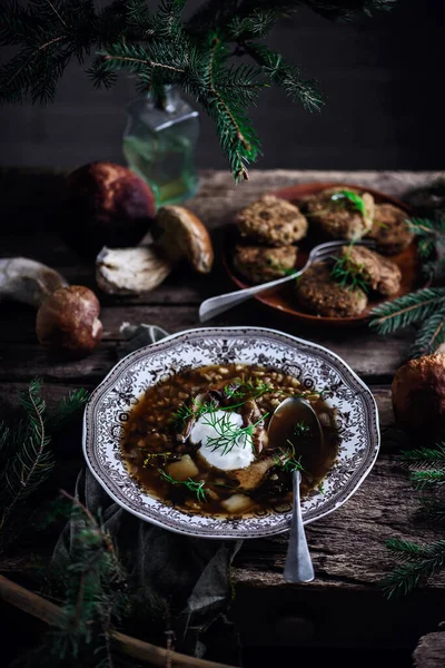 Soup Barley Wild Porcini Mushrooms Style Vintage Selective Focus — Stock Photo, Image