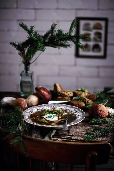 Sopa Con Cebada Porcini Silvestre Mushrooms Style Vintage Selective Enfoque — Foto de Stock