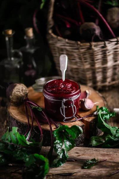Ketchup Betterave Fait Maison Dans Bocal Verre Style Rustique Accent — Photo