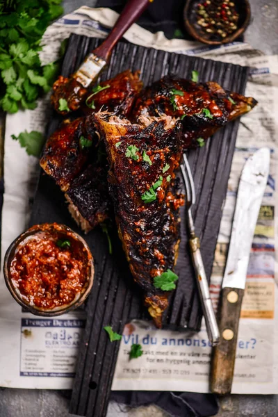 Bbq Pork Ribs Sauce Style Rustic Selective Focus — Stock Photo, Image