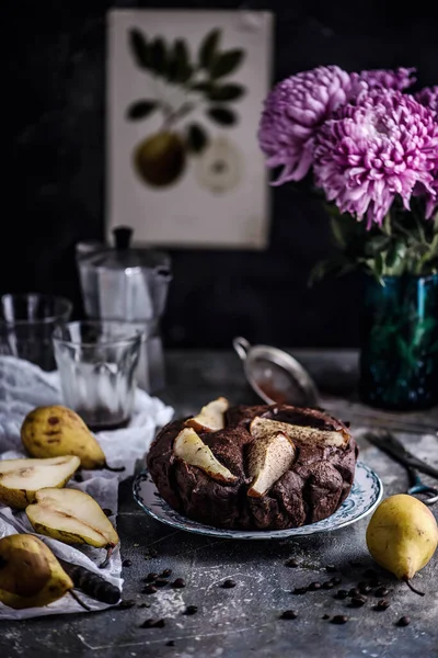 Čokoládový Ricotta Hruškový Dort Style Vintage Selektivní Zaměření — Stock fotografie