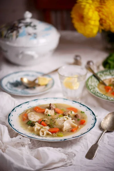 Wasaw Pierogi Soup Traditional Polish Dish Selective Focus — Stock Photo, Image