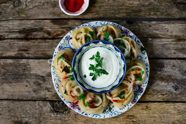 Manti Mit Fleisch Traditionelles Usbekisches Gericht Blick Von Oben Rustikaler — Stockfoto