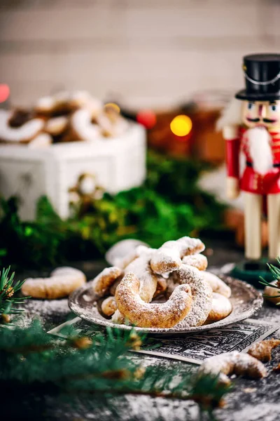 クリスマスの背景にオーストリアのVanillekipferl ヴィンテージスタイル 選択的焦点 — ストック写真