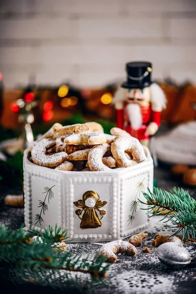 Noël Austrian Vanillekipferl Sur Fond Noël Style Vintage Focus Sélectif — Photo