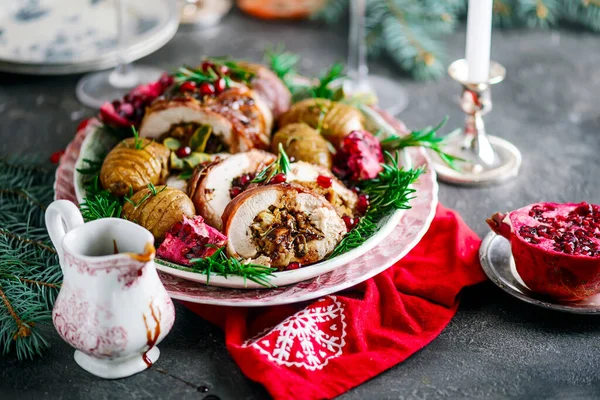 Prosciutto Wrapped Turkey Roulade Pomergranate Sauce Style Rustic Selective Focus — Stock Photo, Image