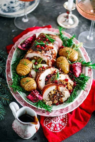 Prosciutto Wrapped Turkey Roulade Pomergranate Sauce Style Rustic Selective Focus — Stock Photo, Image