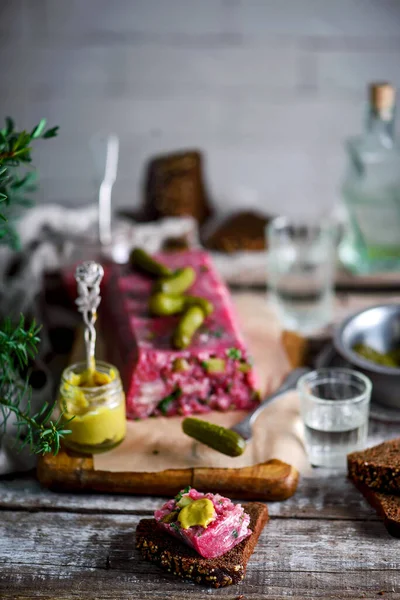 Pork Beetroot Horseradish Terrine Style Rustic Selective Focus — Stock Photo, Image