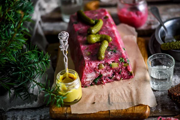Pork Beetroot Horseradish Terrine Style Rustic Selective Focus — Stock Photo, Image