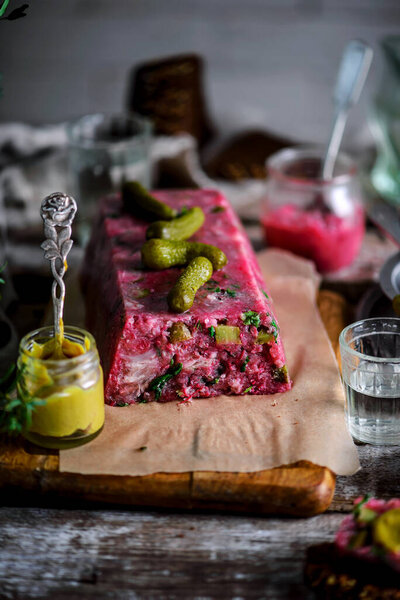 Pork, beetroot, and horseradish terrine style rustic. selective focus