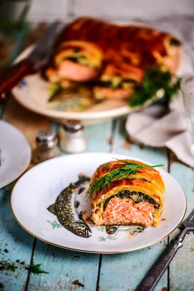 Salmon Wellington Style Rustic Selective Focus — 图库照片