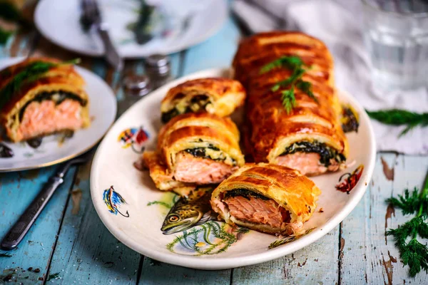 Salmon Wellington Style Rustic Selective Focus — 图库照片