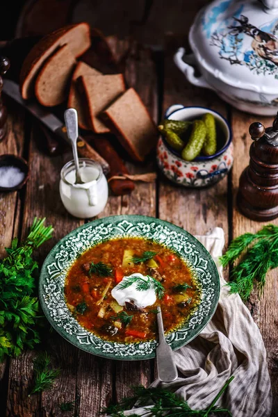 Rassolnik Traditional Russian Soup Pickles Style Rustic Selective Focus — Stock Photo, Image
