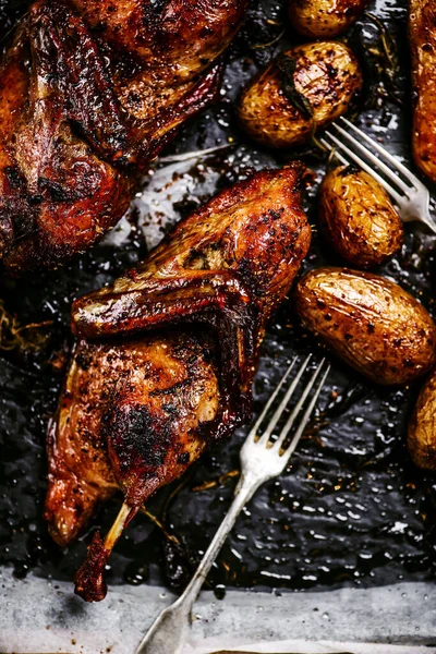 Roasted Duck Potatoes Style Vintage Selective Focus — Stock Photo, Image