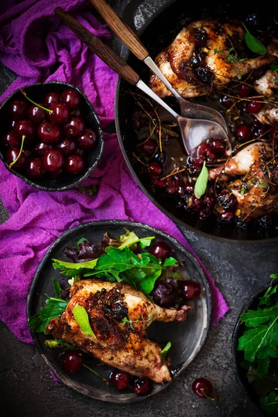 Rosemary Cherry Balsamic Roasted Chicken Style Vintage Selective Focus — Stock Photo, Image