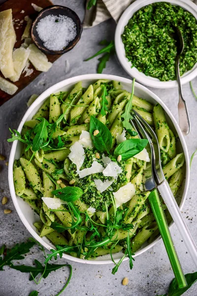 Pasta with green beans, potatoes and pesto.. style vintage.selective focus