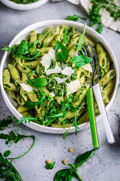 Makaron Zielonej Fasoli Ziemniaki Pesto Styl Vintage Selective Ostrości — Zdjęcie stockowe