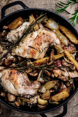 Mantarlı tavşan yahnisi. Tarz rustik. Seçici odaklanma.