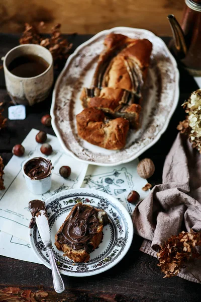 Banaan Nutella Bread Style Vintage Selectieve Focus — Stockfoto