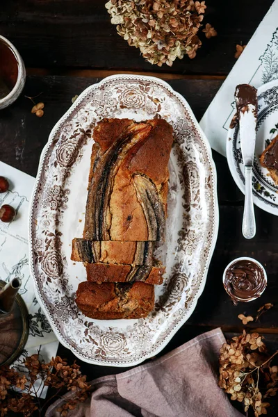 Banana和Nutella Bread Style Vintage Selective Focus — 图库照片