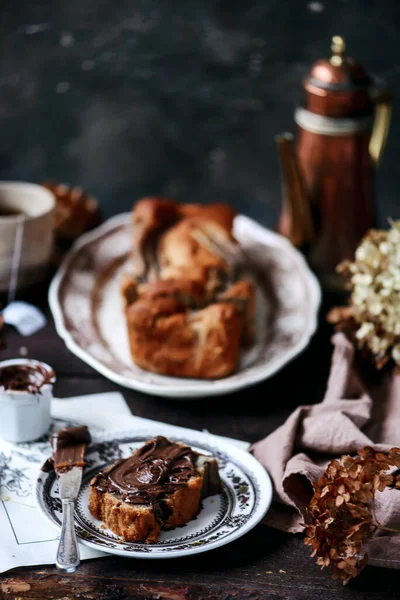 Banana和Nutella Bread Style Vintage Selective Focus — 图库照片