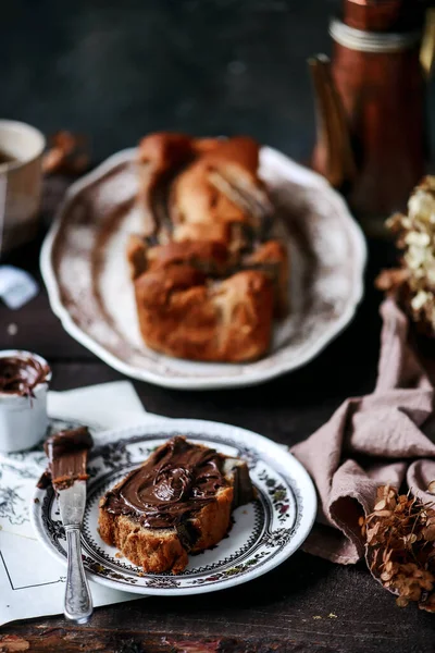 Banana和Nutella Bread Style Vintage Selective Focus — 图库照片