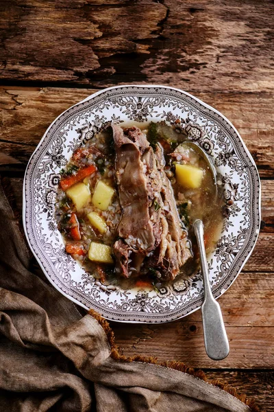 Sopa Trigo Sarraceno Con Costillas Res Style Rustic Selective Focus — Foto de Stock