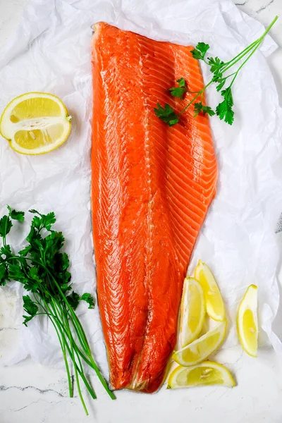 Raw Salmon Top View Selektivt Fokus — Stockfoto