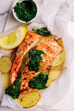 Somon ve patates püresi. Tarz mahsulü. Seçici odaklanma.