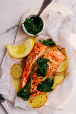 Somon ve patates püresi. Tarz mahsulü. Seçici odaklanma.