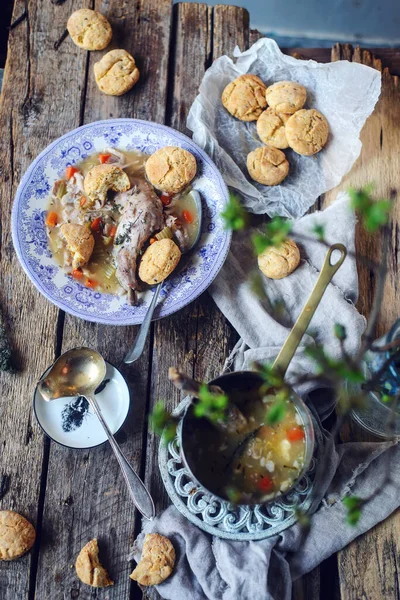 Rabbit Stoofpot Met Zwarte Peper Dumpling Style Rustic Selectieve Focus — Stockfoto