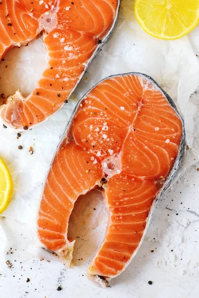 Raw Salmon Steak Top View Style Hugge Selective Focus — Stock Photo, Image