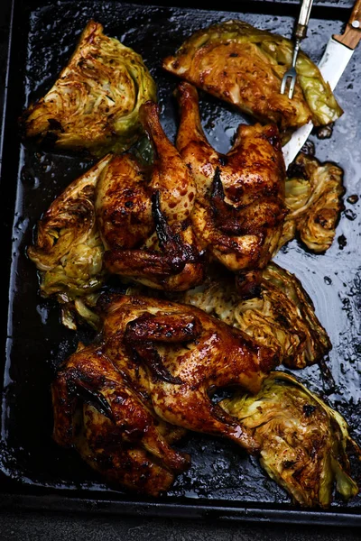 Roasted Cornish Hens Cabbage Style Rustic Selective Focus — Stock Photo, Image