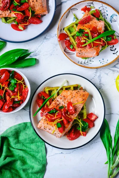 Waffles Wild Garlic Salmon Style Vintage Selective Focus — Stock Photo, Image