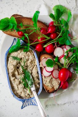 Kızarmış ekmek ve turplu uskumru ezmesi. Seçici odaklanma.
