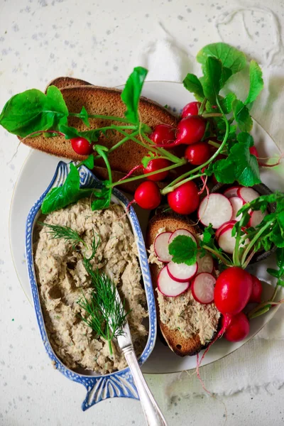 Pâté Maquereau Avec Croûtons Radish Selective Focus — Photo