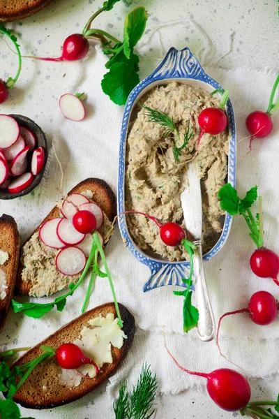 Makrill Paté Med Krutonger Och Radish Selective Fokus — Stockfoto