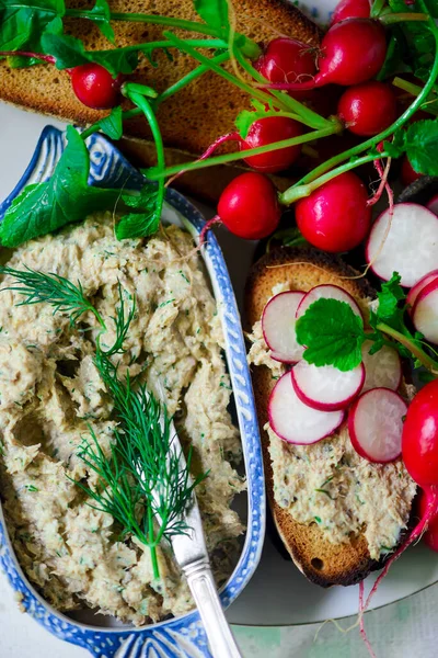 Paté Caballa Con Crutones Enfoque Radish Selective — Foto de Stock