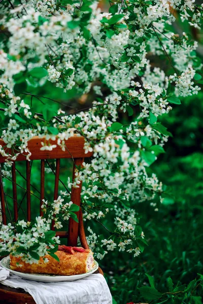 Vaniglia Rabarbaro Svizzero Rotolo Tavolo Apparecchiato Giardino Fiorito Primaverile Stile — Foto Stock