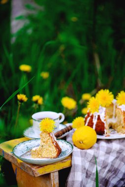 Dandellion limonlu pasta. Köy evi fotoğrafı. Biçim. Seçici odaklanma