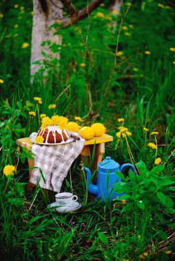 Dandellion limonlu pasta. Köy evi fotoğrafı. Biçim. Seçici odaklanma