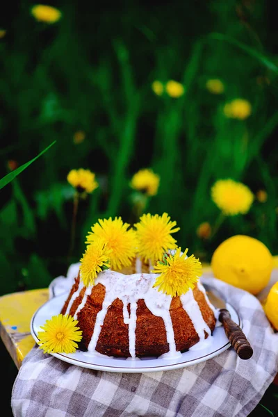 Dandellion Lemon Cake Rustic Owtdoor Фото Style Selective Focus — стоковое фото