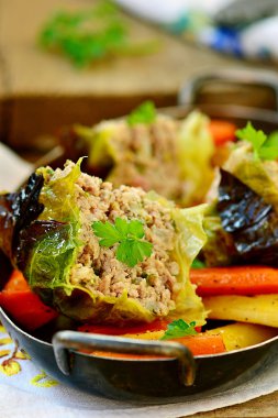 Savoy lahana etli üzerinden pişmiş puding 